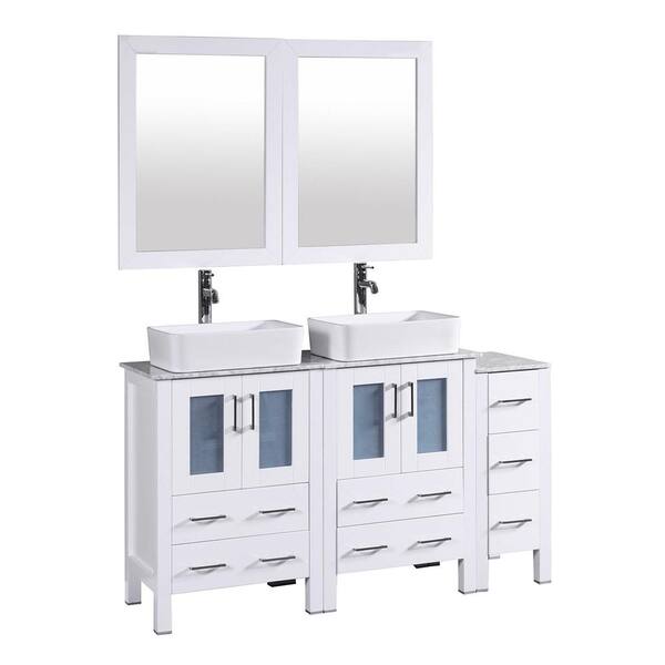 Bosconi 60 in. W Double Bath Vanity with Carrara Marble Vanity Top in Gray with White Basin and Mirror