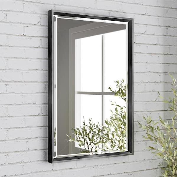 OnaBella 16 in. W x 24in. H Rectangular Aluminum Thin Framed Wall Mount Beveled Bathroom Vanity Mirror in Black