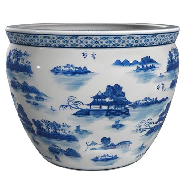 Red Lantern 18 in. Porcelain Fishbowl Blue and White Landscape BW