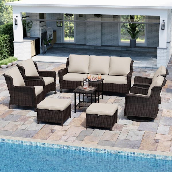 9-Piece Wicker Outdoor Patio Conversation Set Chat Set with Beige Cushions 1 Couch, 4 Chairs, 2 Ottomans and 2 Tables