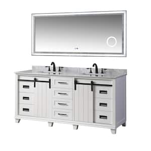 72 in. W x 25 in. D x 34 in. H Double Sink Freestanding Bath Vanity in White with White Carrara Marble Top and Mirror