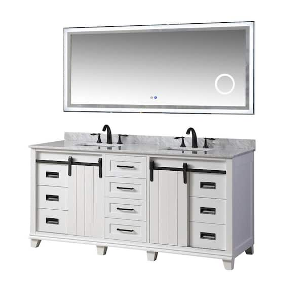 72 in. W x 25 in. D x 34 in. H Double Sink Freestanding Bath Vanity in White with White Carrara Marble Top and Mirror