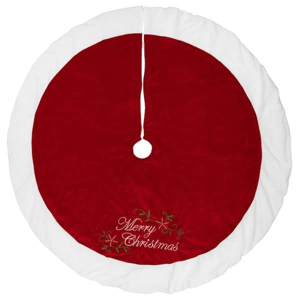48 in. Traditional Red Embroidered Velvet Merry Christmas Tree Skirt