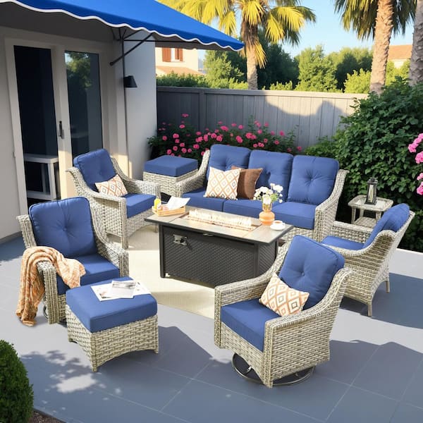 Cherry 9-Piece Wicker Outdoor Furniture Patio Fire Pit Conversation Sofa Set with Swivel Chairs and Navy Blue Cushions