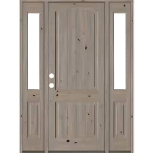 58 in. x 96 in. Rustic knotty alder 2 Panel Right-Hand/Inswing Clear Glass Grey Stain Wood Prehung Front Door with DHSL