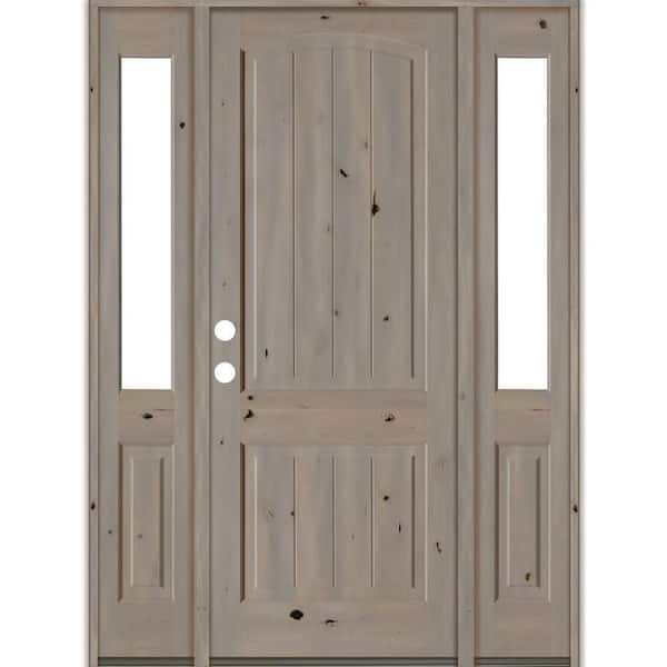Krosswood Doors 60 in. x 96 in. Rustic knotty alder 2 Panel Right-Hand/Inswing Clear Glass Grey Stain Wood Prehung Front Door with DHSL