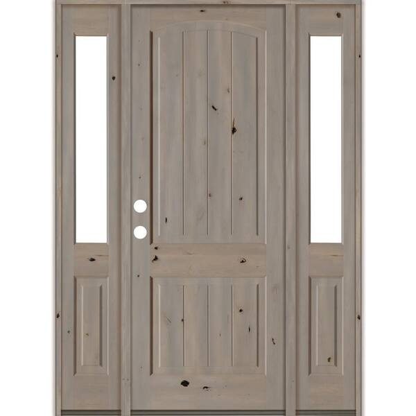 Krosswood Doors 64 in. x 96 in. Rustic knotty alder 2 Panel Right-Hand/Inswing Clear Glass Grey Stain Wood Prehung Front Door with DHSL
