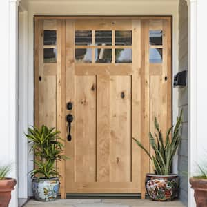 64 in. x 96 in. Craftsman Knotty Alder RC Stained Right-Hand 10-Lite Clear Wood Single Prehung Front Door/Sidelites