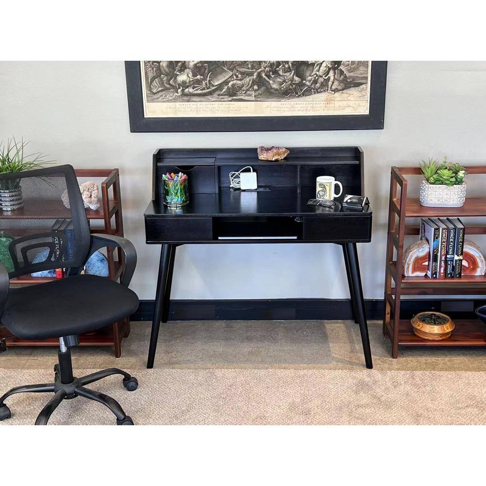Black Acacia Wood Writing Desk with USB Ports and Drawer