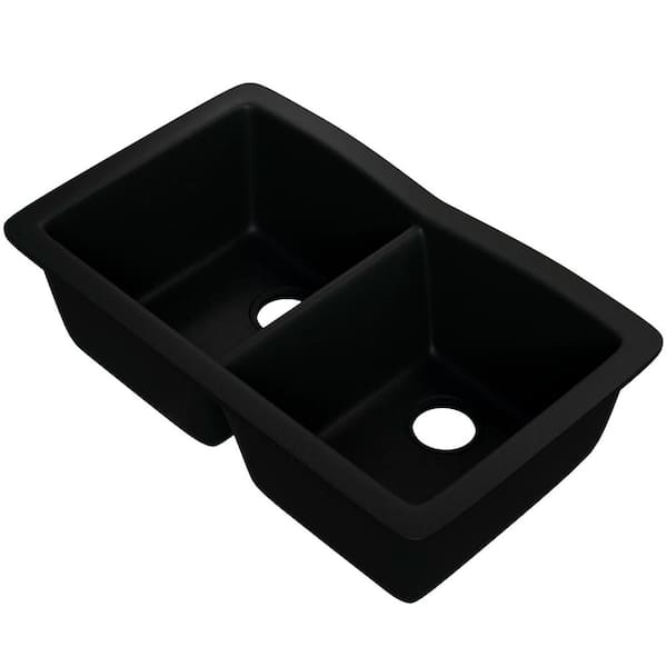 Novatto 31.75 in. Drop-In/Undermount 50/50 Double Bowl Absolute Black Granite Composite Kitchen Sink with Optional Bottom Grids