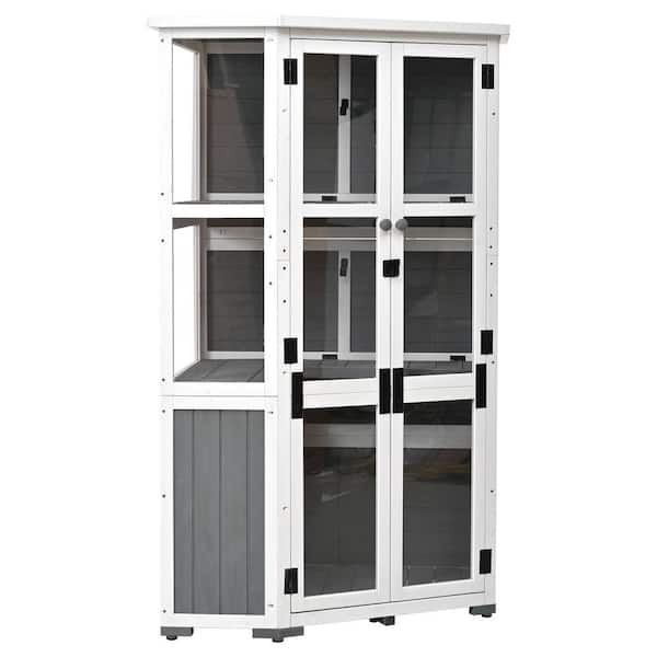 63'' H Garden Wood Storage Cabinet, Tool Storage Shed, Mini Greenhouse Cold Frame with Roof and Lockable Door, Gray