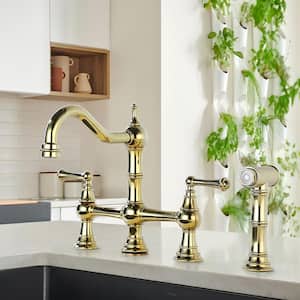 Double Handle 360° Swivel Spout Bridge Kitchen Faucet in Brushed Gold