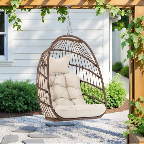 Brown Foldable PE Wicker Hanging Swing Egg Chair without