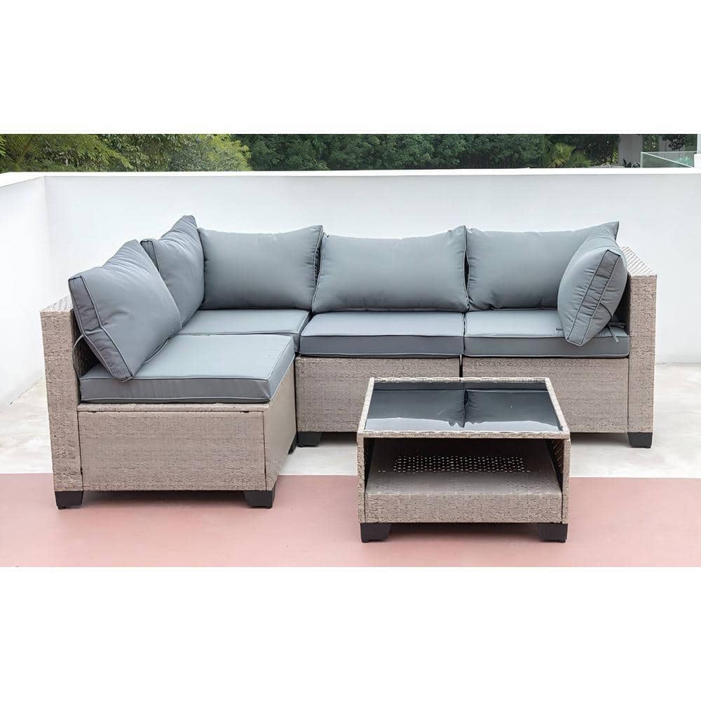 5-Piece Wicker Outdoor Patio Furniture Set, Boho Patio Glass Coffee Table S
