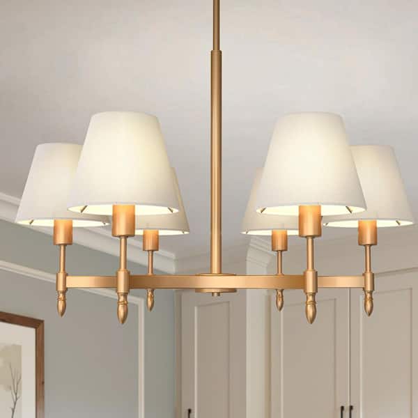 27 in. 6-Light Gold White Linen Shade Farmhouse Chandelier, Elegant Rustic Pendant Light for Dining Room and Kitchen