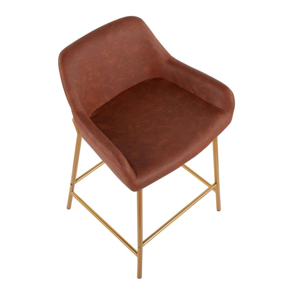 Set of 2 Gold Metal and Camel Faux Leather Counter Stools