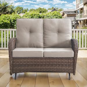 Brown PE Wicker Outdoor Loveseat with Beige Cushions and Glide Function