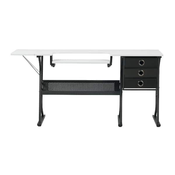 Sew Ready Eclipse Collection: 60.25 in. W x 23.75 in. D PB Craft Sewing Table with 3 Storage Drawers in White with Black Frame