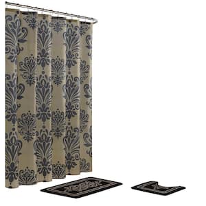 Reverly Damask 18 in. x 30 in. Bath Rug and 72 in. x 72 in. Shower Curtain 15-Piece Set in Black/Linen