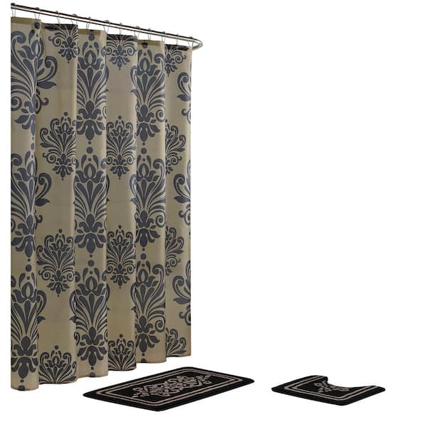 Bath Fusion Reverly Damask 18 in. x 30 in. Bath Rug and 72 in. x 72 in. Shower Curtain 15-Piece Set in Black/Linen