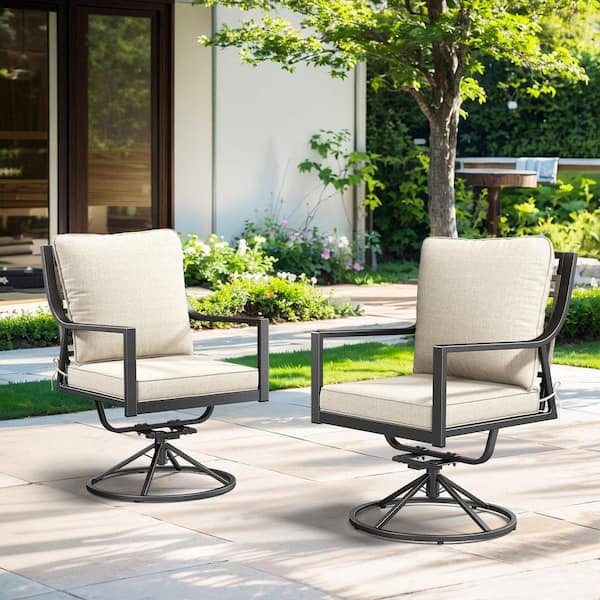 BaliSpin 2-Piece Gray Metal Outdoor Swivel Glider, Patio Swivel Dining Chairs High Back with Beige Cushion For Backyard