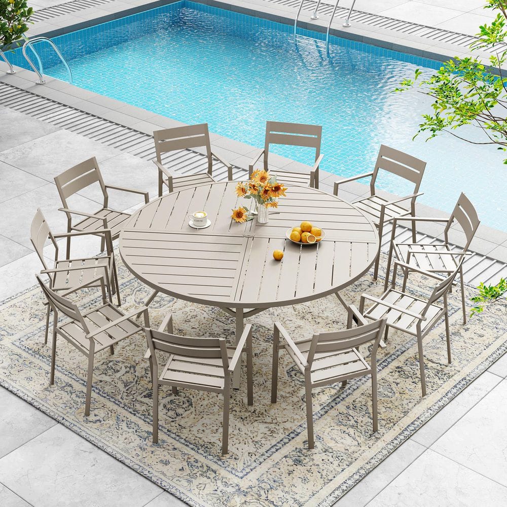 11-Piece Metal Outdoor Patio Dining Set with 59.8 in. Sandshell Round Slatted Table and 10 Sandshell Stackable Chairs price history on PriceWatchPro