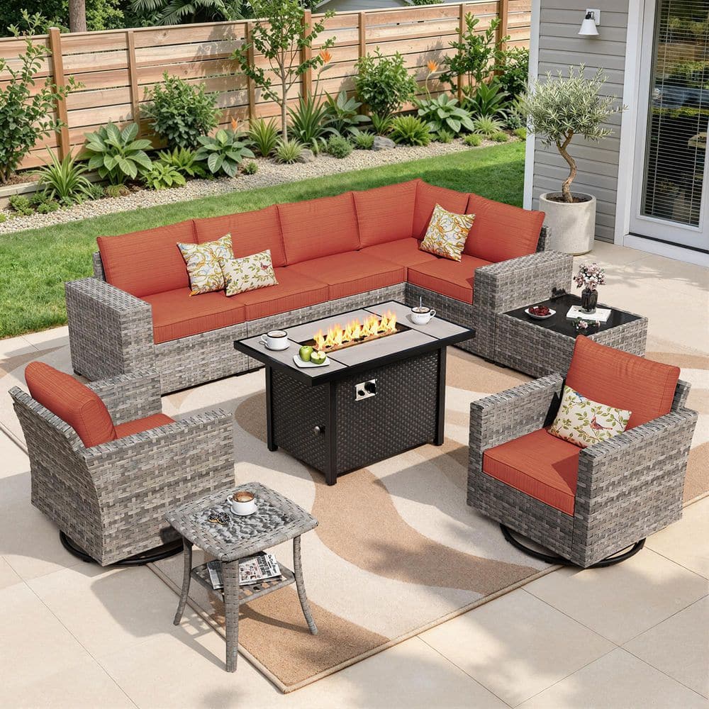 Ruby 10-Piece Wicker Outdoor Patio Fire Pit Conversation Sectional Set with Swivel Chairs and Brick Red Cushions price history on PriceWatchPro