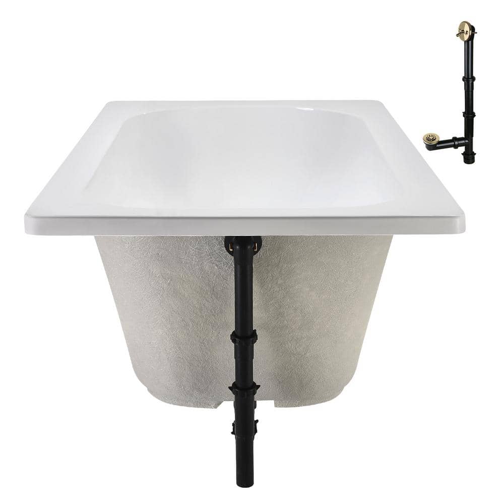 72" x 36" Glossy White Acrylic Soaking Drop-In Bathtub with Polished Brass Drain