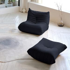 2-Piece Anti-Skip Bean Bag Teddy Velvet Top Thick Seat Living Room Lazy Sofa in Black (1-Seater plus Ottoman)