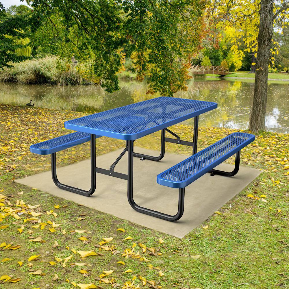 Outdoor 72 in. Blue Rectangle Steel Picnic Table Seats 4-6 People with Umbr