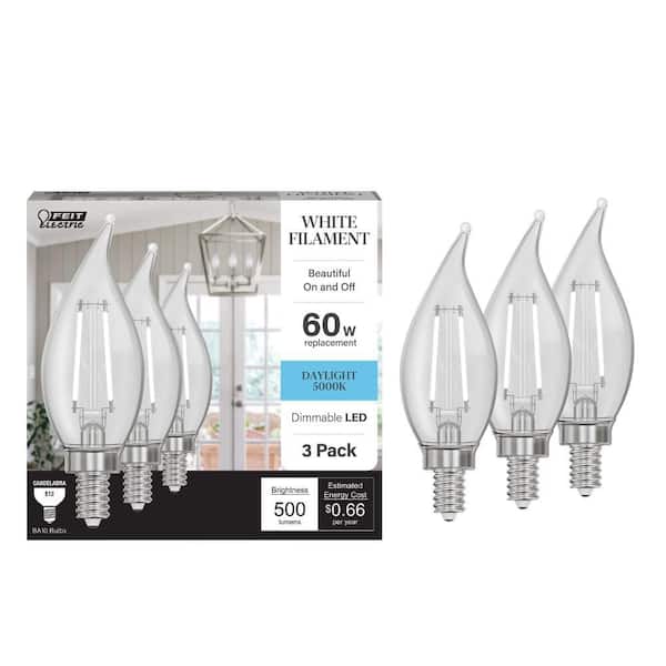 60-Watt Equivalent BA10 E12 Candelabra Dim White Filament Clear Glass Chandelier LED Light Bulb Daylight 5000K (3-Pack)