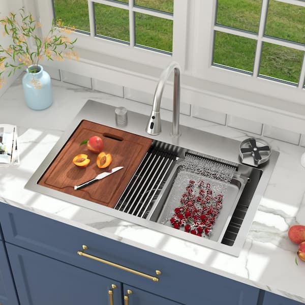 31 in. Drop-In Single Bowl 16 Gauge Stainless Steel Topmount Wokstation Kitchen Sink with Pull Out Faucet, Glass Rinser