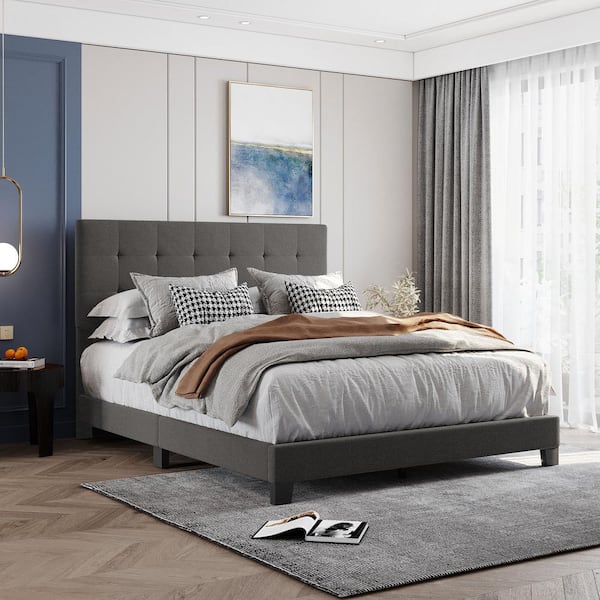 Qualler Gray Queen Size Upholstered Platform Bed with Tufted