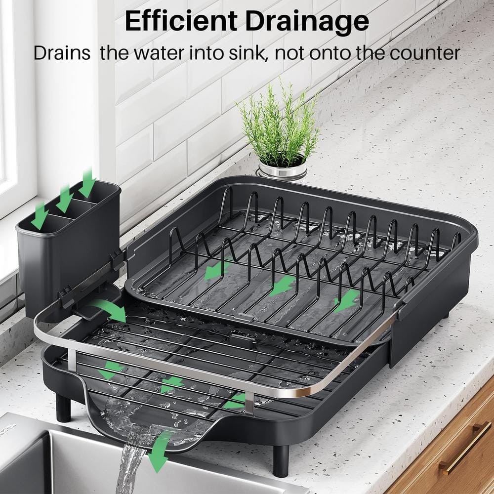 Black Stainless Steel Expandable Dish Rack with Utensil Holder