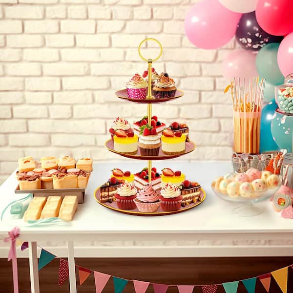 13.4 in. x 9.84 in. 3-Tier Plastic Cupcake Stand Holder, Metal Rod Dessert Tower for Birthday Party Baby Shower (Red)
