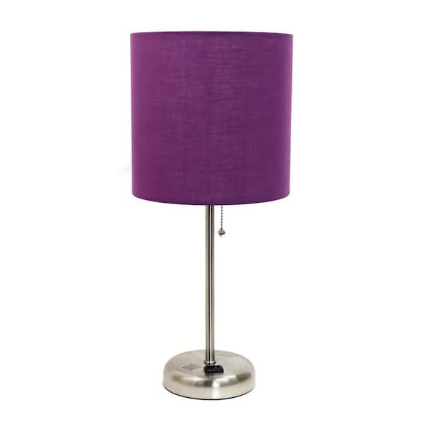 Simple Designs 19.5 in. Stick Lamp with Charging Outlet and Purple Fabric Shade