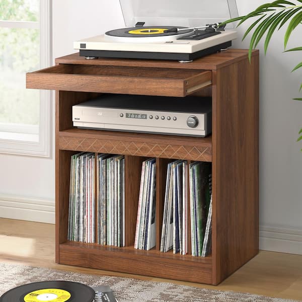 OrangeOne Walnut Color Record Player Stand Table with Hidden Compartment Turntable Stand with Vinyl Storage Holds Upto 180-Albums
