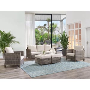 Riverside 5-Piece Wicker Patio Conversation Set with Olefin Beige Cushions