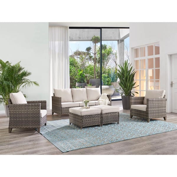 Gymojoy Riverside 5-Piece Wicker Patio Conversation Set with Olefin Beige Cushions