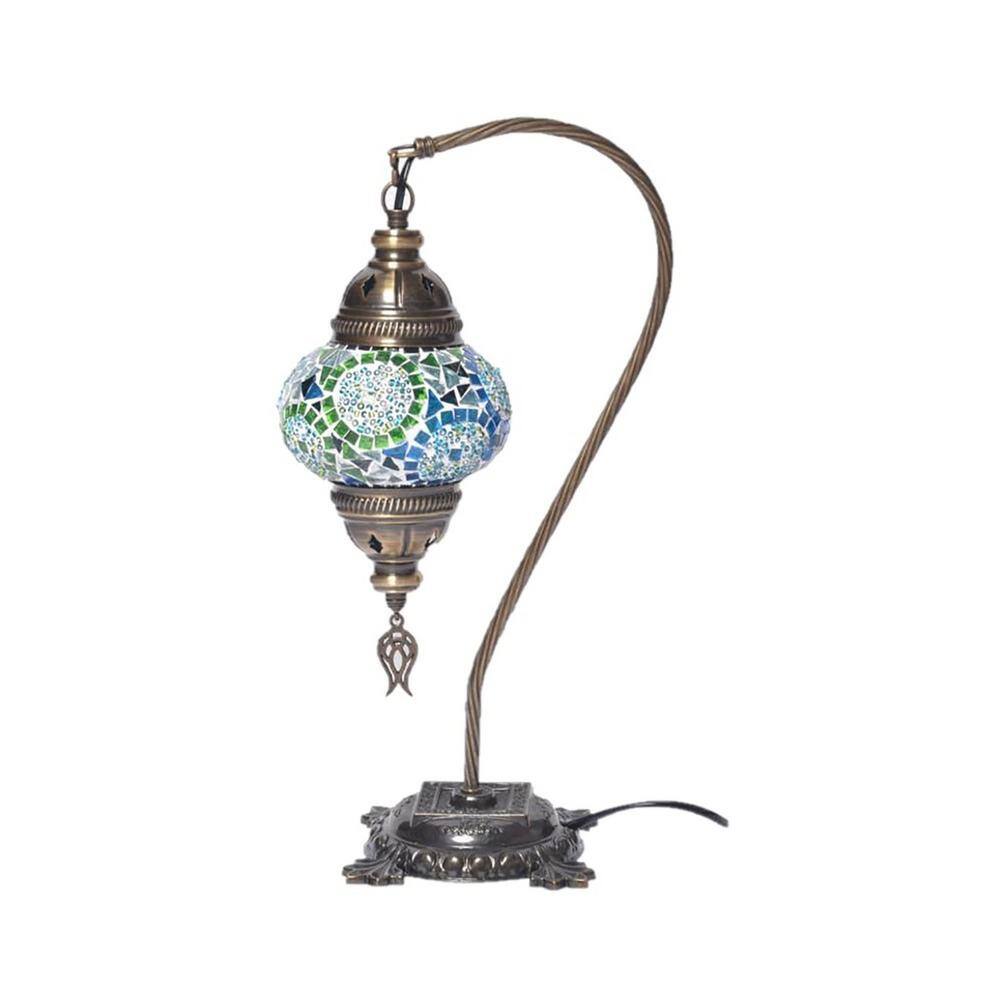 18 in. Brass Color Table Lamp in Turquois Handmade Swan Neck Mosaic Glass w