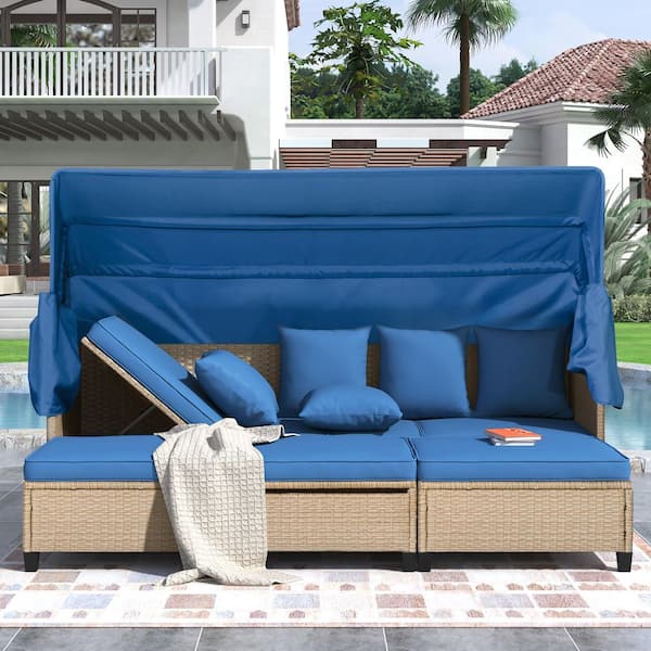 Tenleaf 4-Piece Wicker Patio Conversation Set with Blue Cushions, Retractable Canopy, Lifting Table