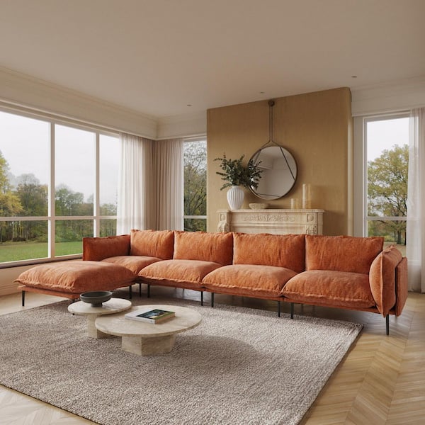147.24 in. Square Arm 5-Piece Velvet L-Shaped Sectional Sofa with Ottoman, Down Feather Cushion in Orange 5 Seater