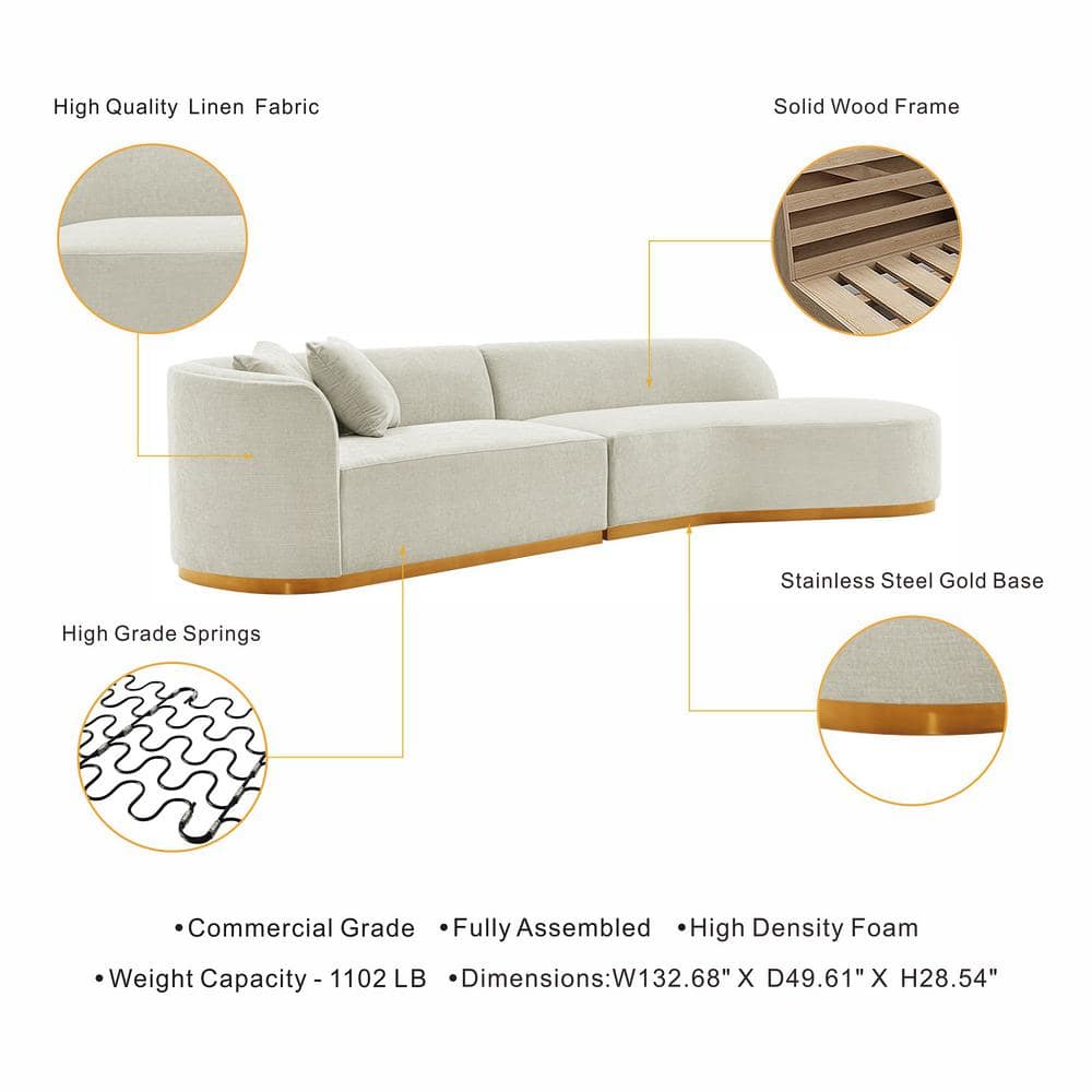 Ivory Linen Upholstered 2-Piece Sectional Sofa with Golden Base