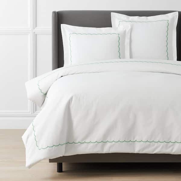 The Company Store Legends Hotel Embroidered Scallop Green Geometric Full/Queen Cotton Percale Duvet Cover