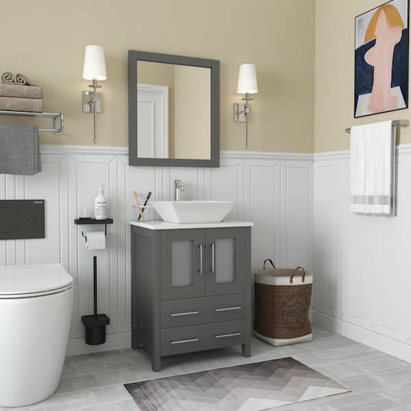 Ravenna 24 in. W Bathroom Vanity in Grey with Single Basin in White Engineered Marble Top and Mirror