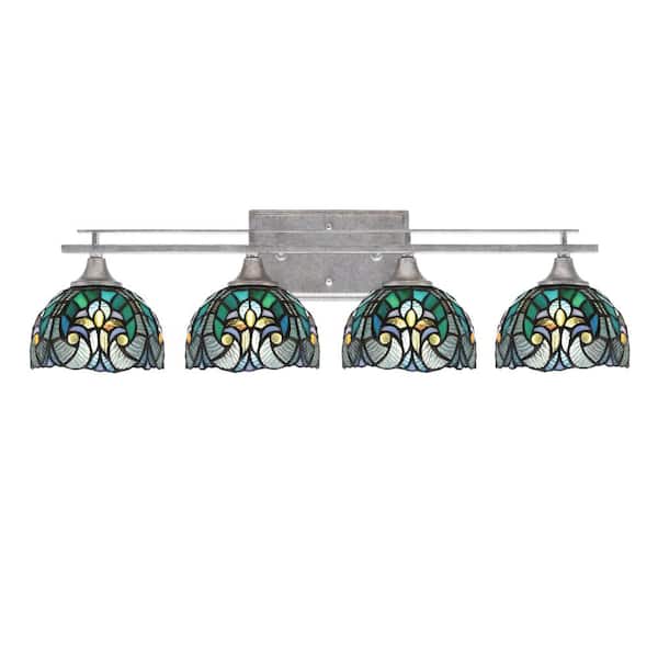 Unbranded Ontario 29.25 in. 4-Light Vanity Light Aged Silver Turquoise Cypress Art Glass Shades