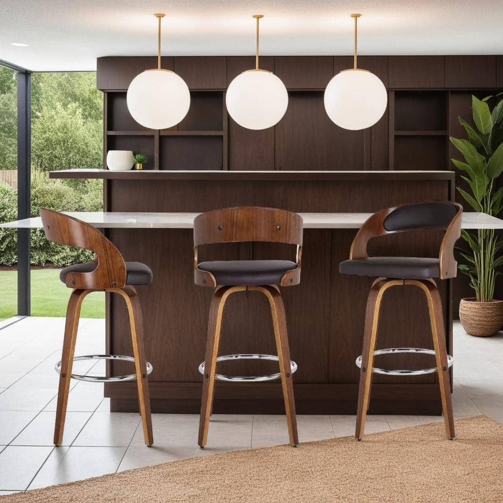 Shelly 30 in. Bar Stool in Walnut Wood with Brown PU
