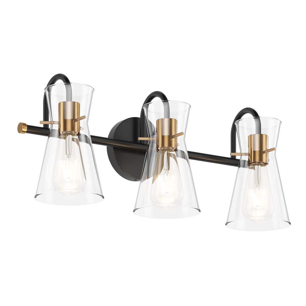 Modern 21.85 in. 3-Light Black and Gold Vanity Light Over Mirror with Clear
