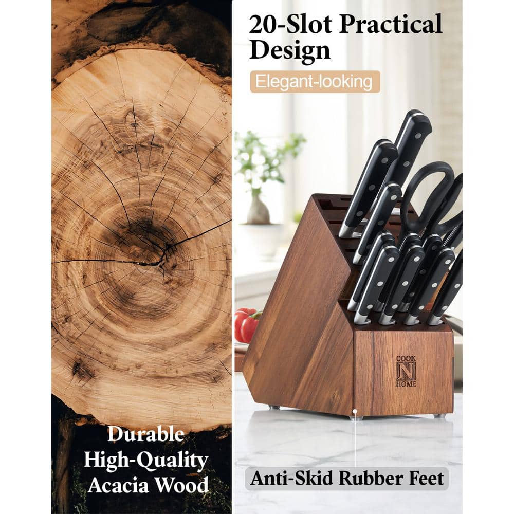 Cook N Home Acacia Wood Knife Storage Block without Knives, 20 Slot Universal Knife Holder Countertop Butcher Block Knife Stand for Easy Kitchen Storage