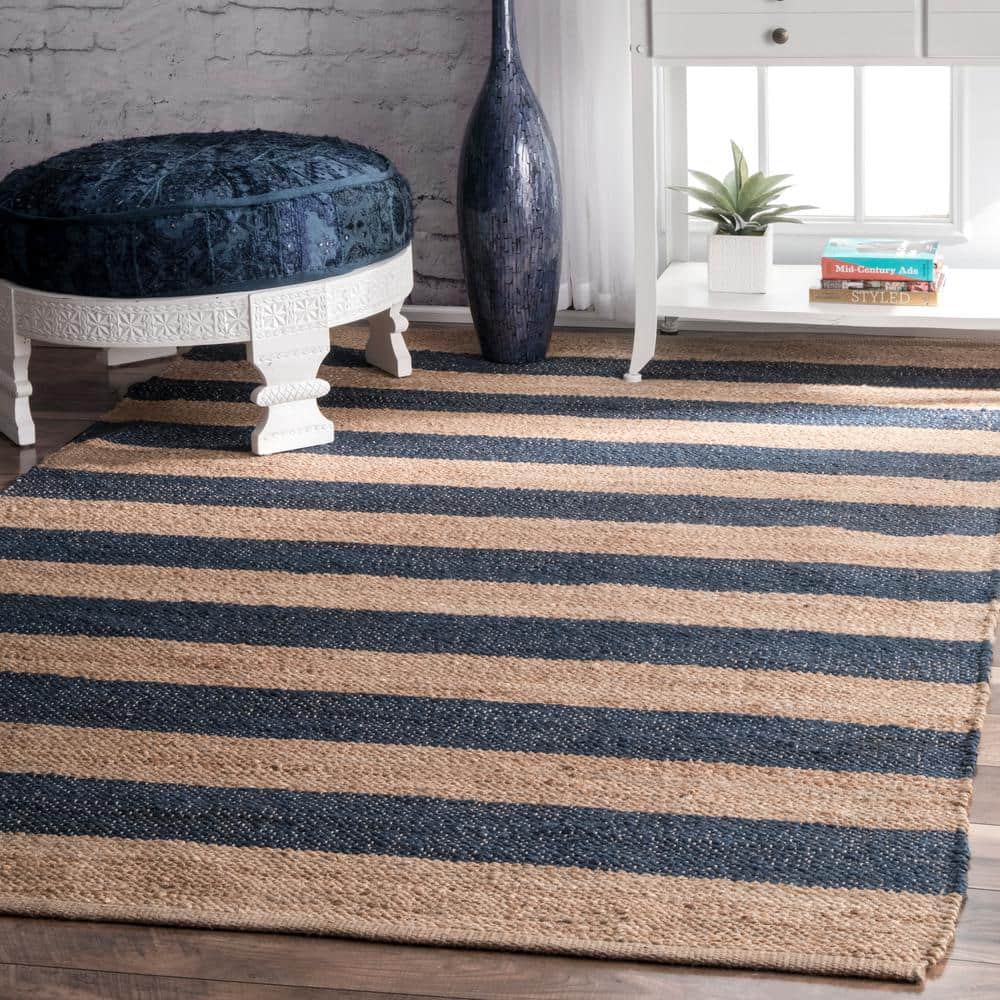 Denim and Tan Striped 4' x 6' Jute and Cotton Flatweave Rug